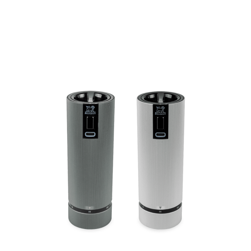 Peugeot: Coffret duo moulins à poivre et à sel Line électrique rechargeable carbone et aluminium, 15 cm