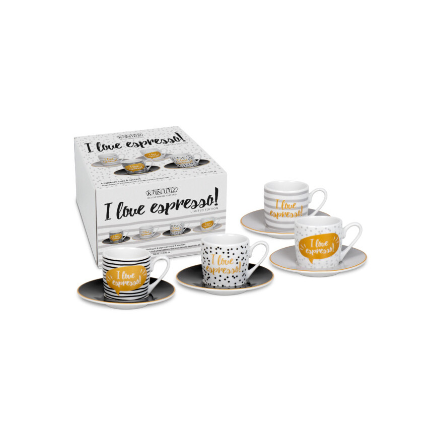 Konitz: Set van 4 espressokopjes en schotels “I love Espresso” 9,5 cl